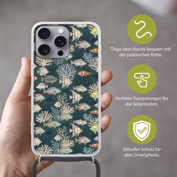 Vis - Koraal - Onderwater - Illustratie Hoesje iPhone 16 Pro Max met koord klein -sfeer2_DE