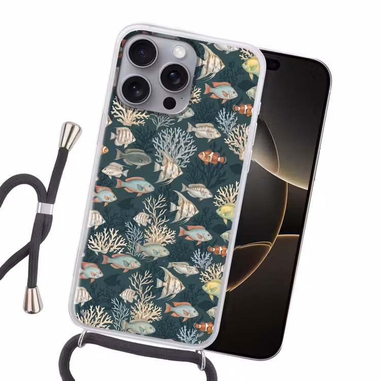 Vis - Koraal - Onderwater - Illustratie Hoesje iPhone 16 Pro Max met koord klein -sfeer1