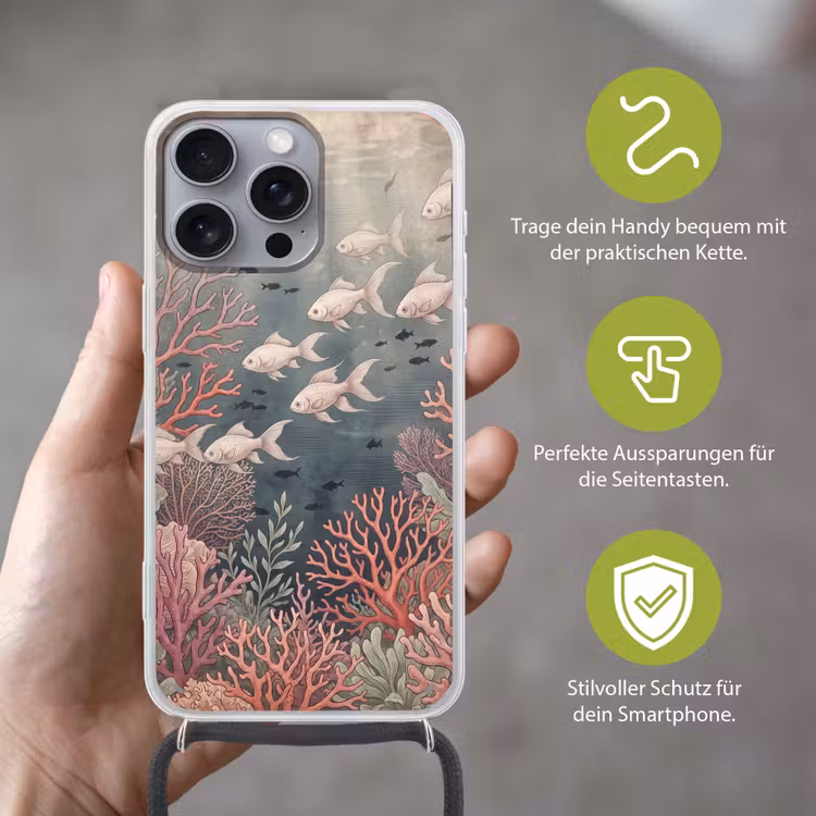 Vis - Koraal - Onderwater - Illustratie - Vintage Hoesje iPhone 16 Pro Max met koord klein -sfeer2_DE