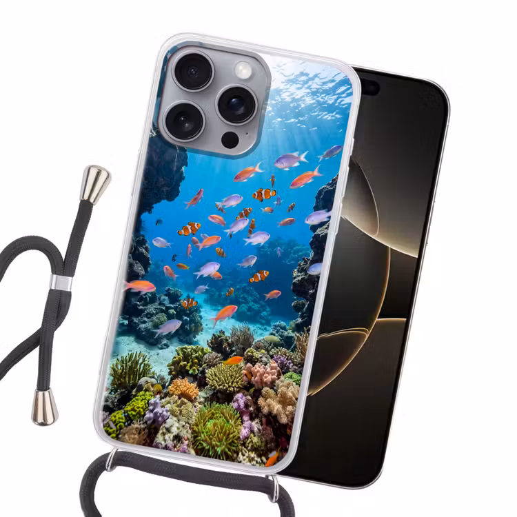 Vis - Koraalrif - Onderwater - Levendig - Blauw Hoesje iPhone 16 Pro Max met koord klein -sfeer1