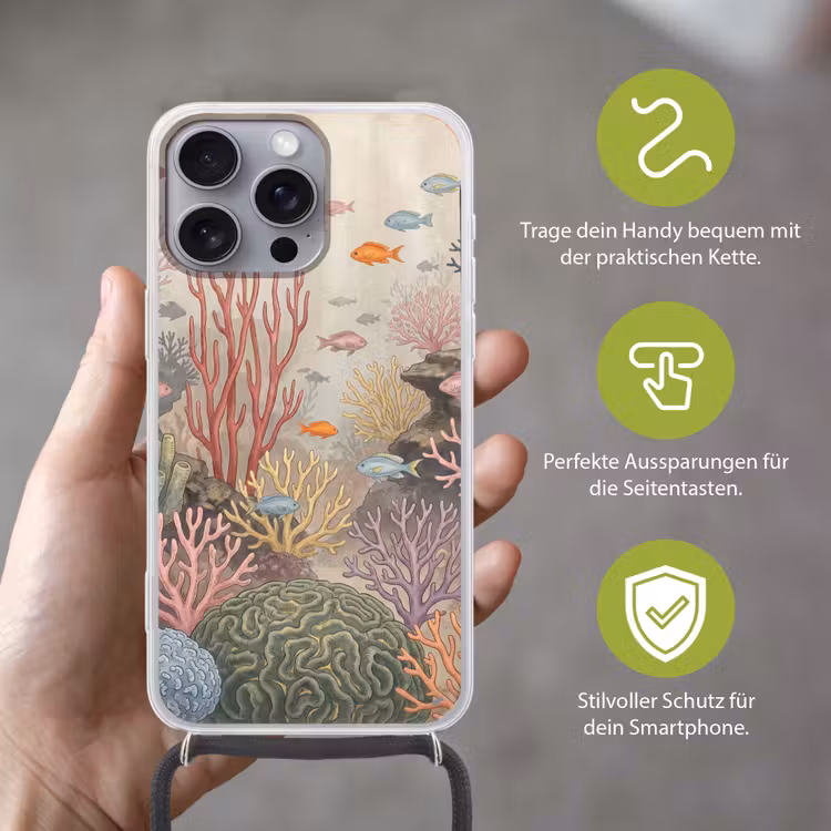 Vis - Koraalrif - Onderwaterwereld - Illustratie Hoesje iPhone 16 Pro Max met koord klein -sfeer2_DE