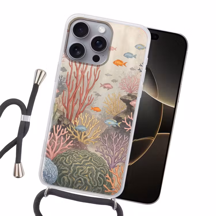 Vis - Koraalrif - Onderwaterwereld - Illustratie Hoesje iPhone 16 Pro Max met koord klein -sfeer1