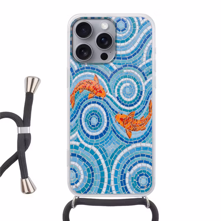 Vis - Mozaïek - Water - Decoratief - Blauw Hoesje iPhone 16 Pro Max met koord klein -3d