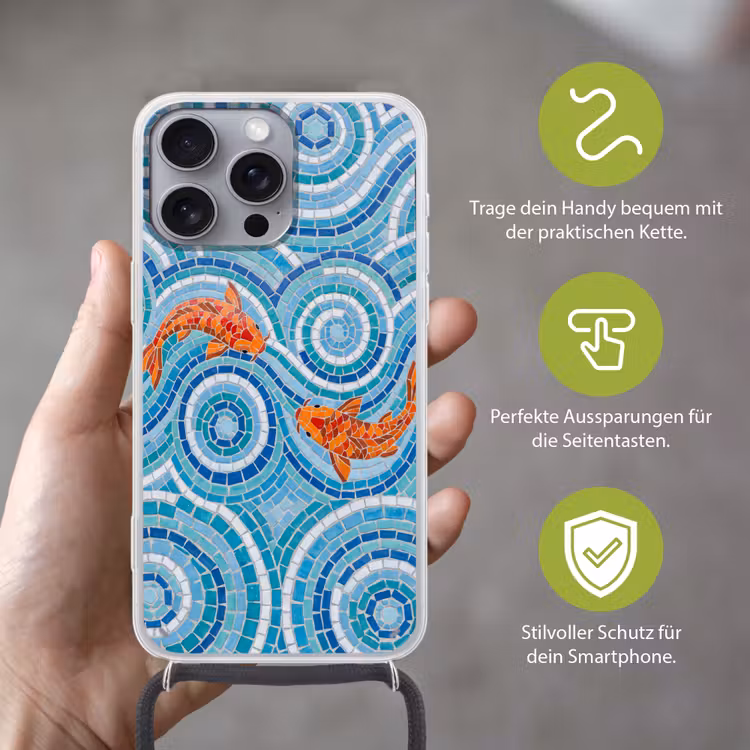 Vis - Mozaïek - Water - Decoratief - Blauw Hoesje iPhone 16 Pro Max met koord klein -sfeer2_DE