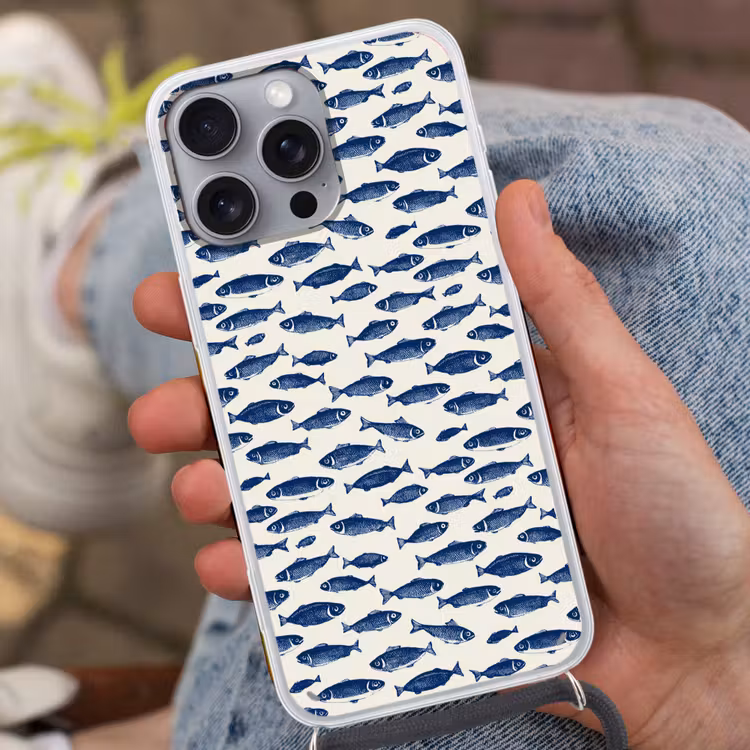 Vissen - Patroon - Blauw - Wit Hoesje iPhone 16 Pro Max met koord klein 804 -sfeer3