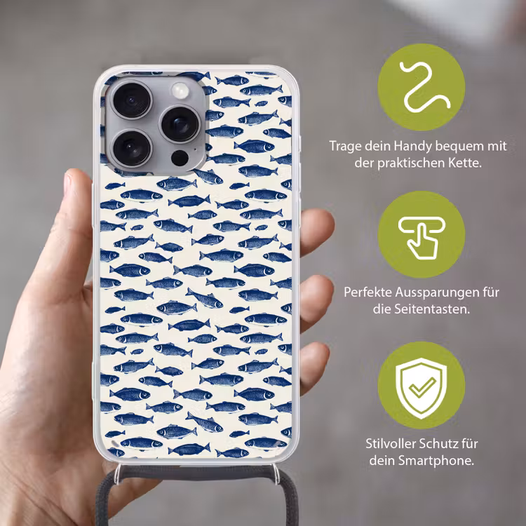 Vissen - Patroon - Blauw - Wit Hoesje iPhone 16 Pro Max met koord klein 804 -sfeer2_DE