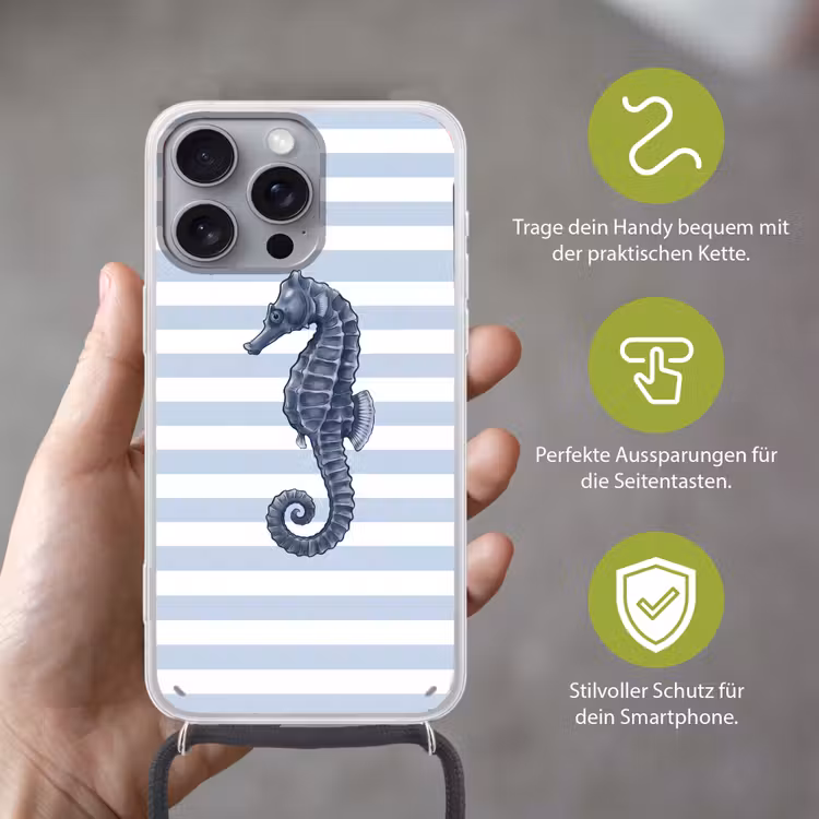 Vis - Oceaan - Illustratie - Blauw - Strepen Hoesje iPhone 16 Pro Max met koord klein -sfeer2_DE