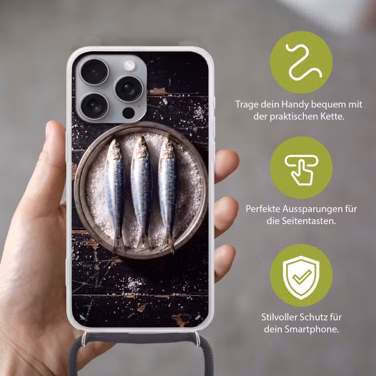 Handyhülle mit Band - Fisch – Salz – Essen - Vis - Zout - Eten Hoesje iPhone 16 Pro Max met koord klein