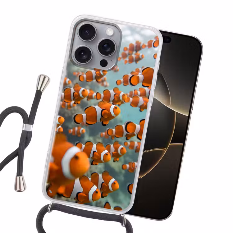Vis - School - Onderwater - Dieren - Oranje Hoesje iPhone 16 Pro Max met koord klein -sfeer1