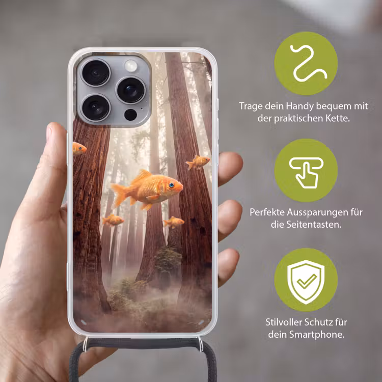 Handyhülle mit Band - Fisch – Wald – Fantasie - Vis - Bos - Fantasie Hoesje iPhone 16 Pro Max met koord klein