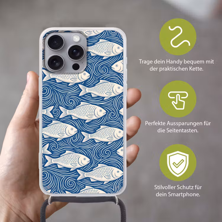 Vis - Water - Patroon - Grafisch - Blauw Hoesje iPhone 16 Pro Max met koord klein -sfeer2_DE