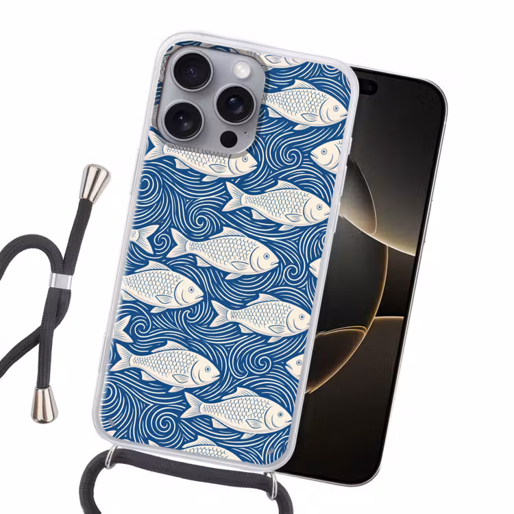 Vis - Water - Patroon - Grafisch - Blauw Hoesje iPhone 16 Pro Max met koord klein -sfeer1