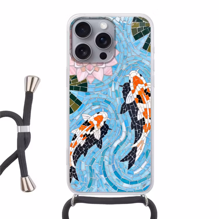 Vis - Water - Natuur - Mozaïek - Blauw Hoesje iPhone 16 Pro Max met koord klein -3d