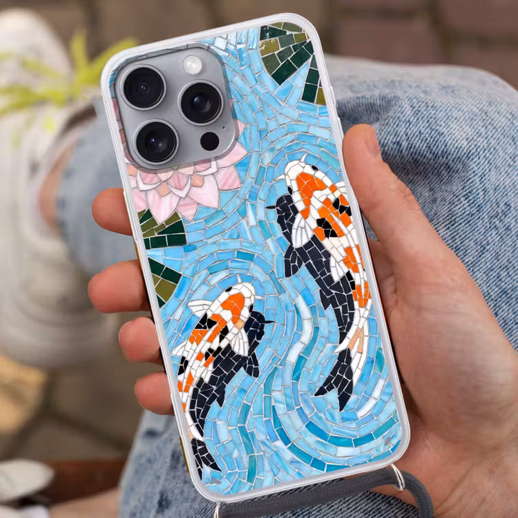 Vis - Water - Natuur - Mozaïek - Blauw Hoesje iPhone 16 Pro Max met koord klein -sfeer3