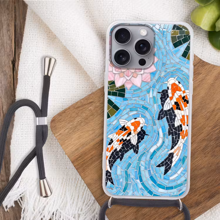 Vis - Water - Natuur - Mozaïek - Blauw Hoesje iPhone 16 Pro Max met koord klein -sfeer4