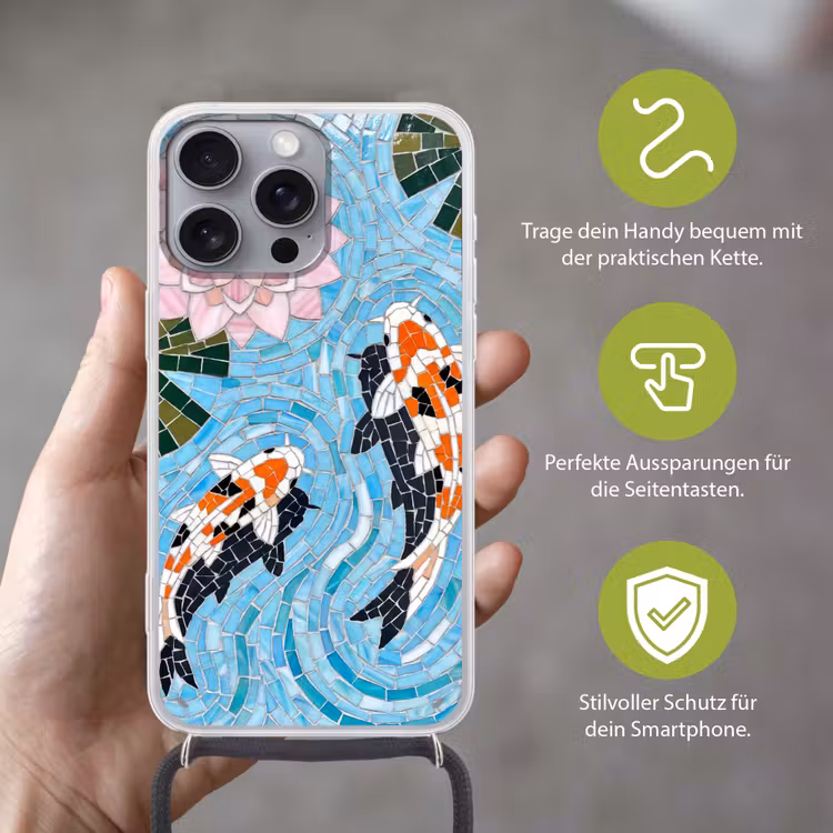 Vis - Water - Natuur - Mozaïek - Blauw Hoesje iPhone 16 Pro Max met koord klein -sfeer2_DE