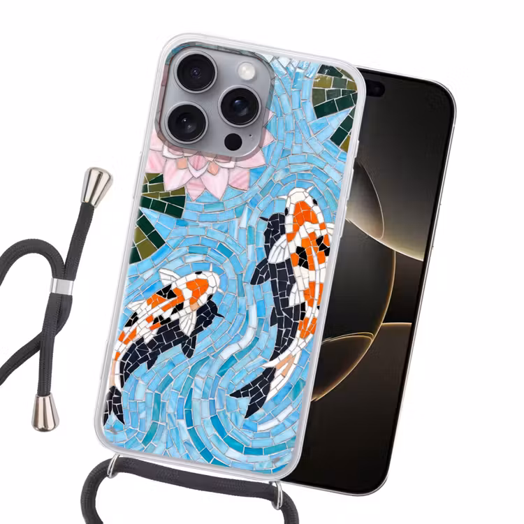 Vis - Water - Natuur - Mozaïek - Blauw Hoesje iPhone 16 Pro Max met koord klein -sfeer1