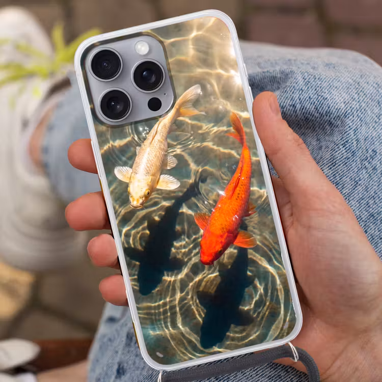 Vis - Water - Dieren - Oranje - Goud Hoesje iPhone 16 Pro Max met koord klein -sfeer3