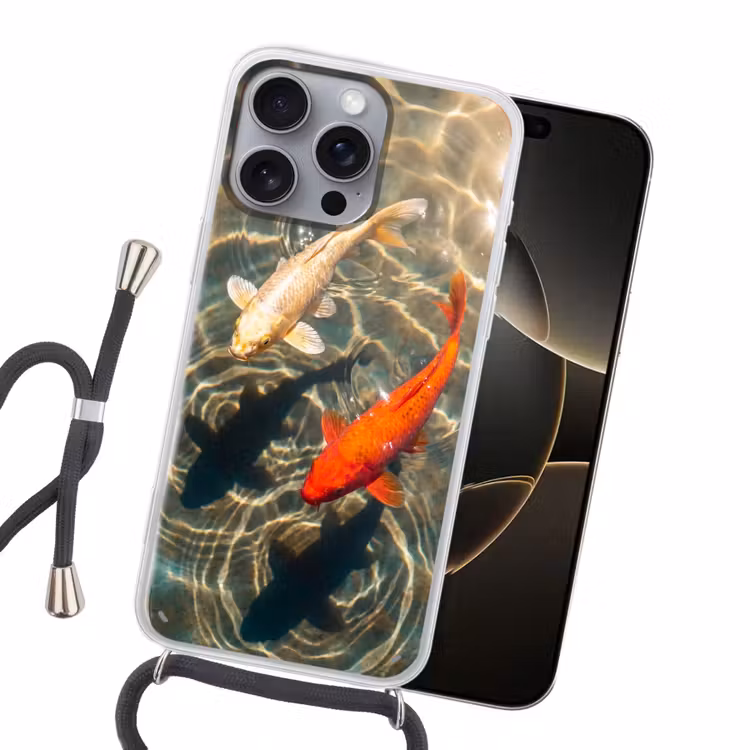 Vis - Water - Dieren - Oranje - Goud Hoesje iPhone 16 Pro Max met koord klein -sfeer1