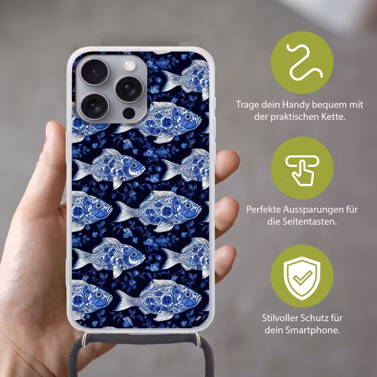 Vissen - Bloemen - Blauw Hoesje iPhone 16 Pro Max met koord klein 804 -sfeer2_DE
