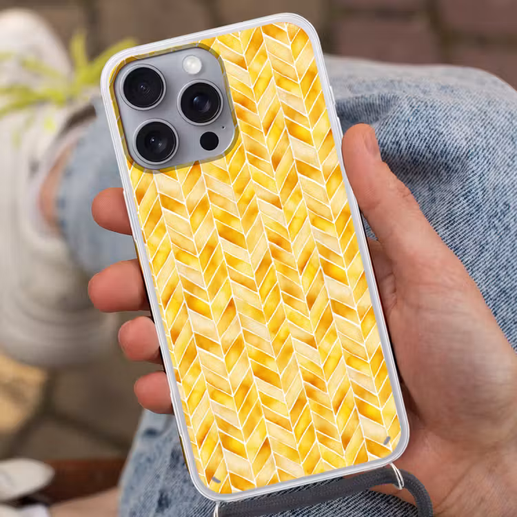 Visgraat - Aquarel - Patronen - Goudgeel Hoesje iPhone 16 Pro Max met koord klein 804 -sfeer3
