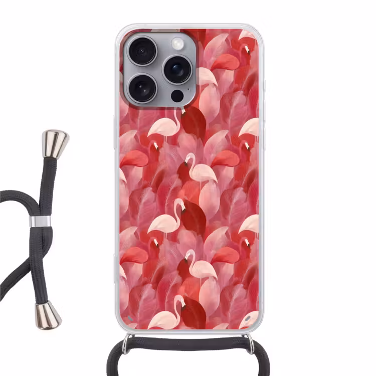 Flamingo - Botanisch - Elegant - Roze - Rood Hoesje iPhone 16 Pro Max met koord klein 804 -3d