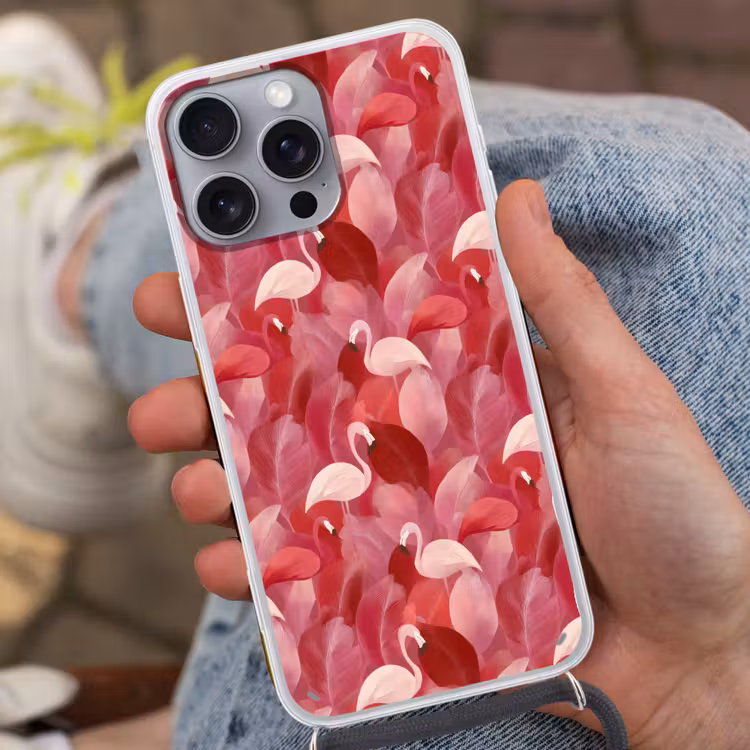 Flamingo - Botanisch - Elegant - Roze - Rood Hoesje iPhone 16 Pro Max met koord klein 804 -sfeer3