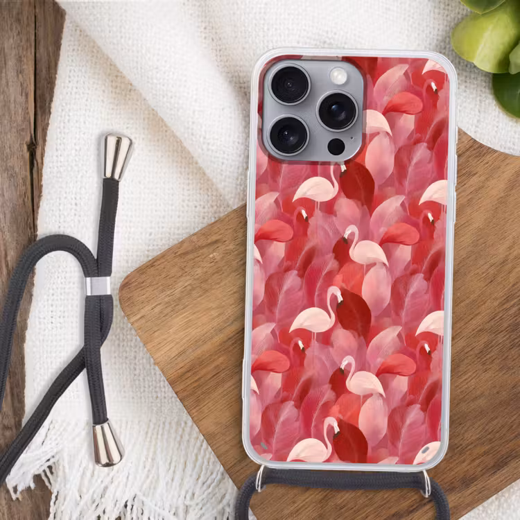 Flamingo - Botanisch - Elegant - Roze - Rood Hoesje iPhone 16 Pro Max met koord klein 804 -sfeer4