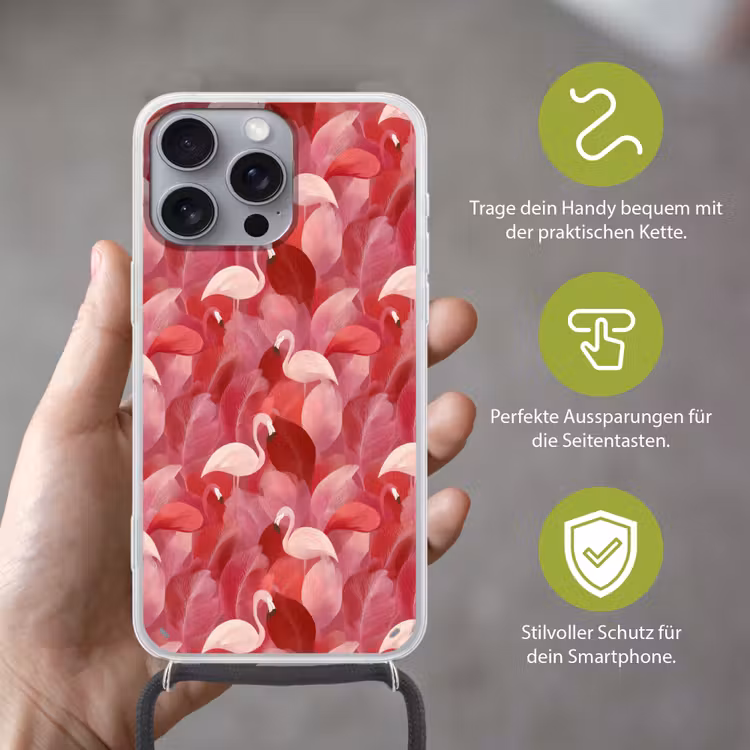 Flamingo - Botanisch - Elegant - Roze - Rood Hoesje iPhone 16 Pro Max met koord klein 804 -sfeer2_DE