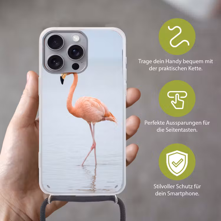 Flamingo - Zee - Roze Hoesje iPhone 16 Pro Max met koord klein -sfeer2_DE