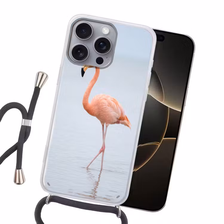 Flamingo - Zee - Roze Hoesje iPhone 16 Pro Max met koord klein -sfeer1