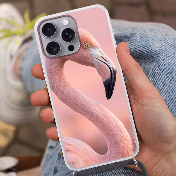 Flamingo - Portret - Roze Hoesje iPhone 16 Pro Max met koord klein -sfeer3