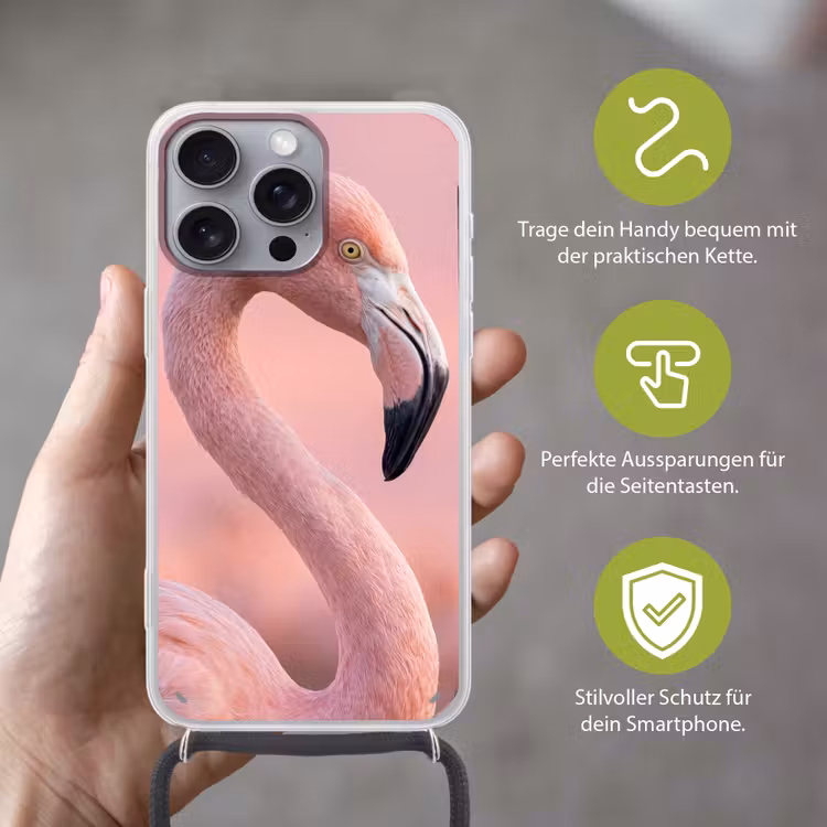 Flamingo - Portret - Roze Hoesje iPhone 16 Pro Max met koord klein -sfeer2_DE