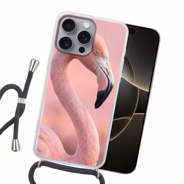 Flamingo - Portret - Roze Hoesje iPhone 16 Pro Max met koord klein -sfeer1