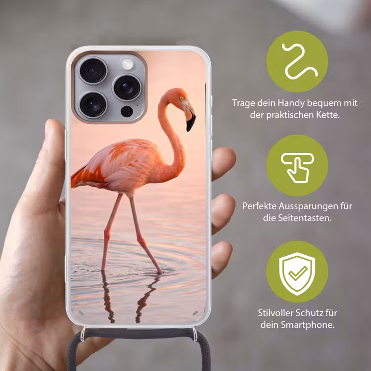 Flamingo - Water - Roze Hoesje iPhone 16 Pro Max met koord klein -sfeer2_DE