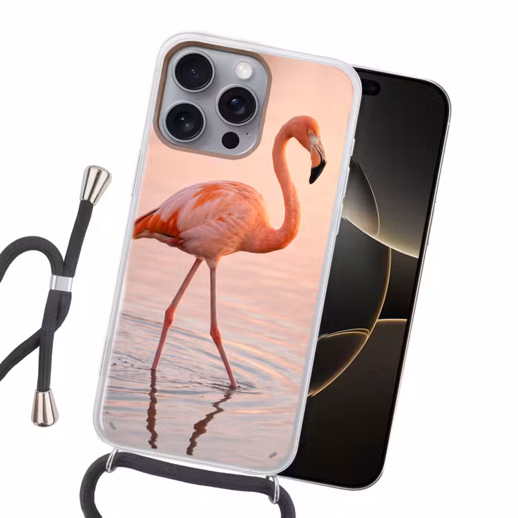 Flamingo - Water - Roze Hoesje iPhone 16 Pro Max met koord klein -sfeer1