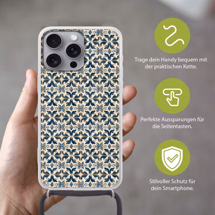 Tegel - Patroon - Blauw - Beige Hoesje iPhone 16 Pro Max met koord klein 804 -sfeer2_DE