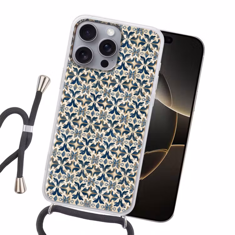 Tegel - Patroon - Blauw - Beige Hoesje iPhone 16 Pro Max met koord klein 804 -sfeer1