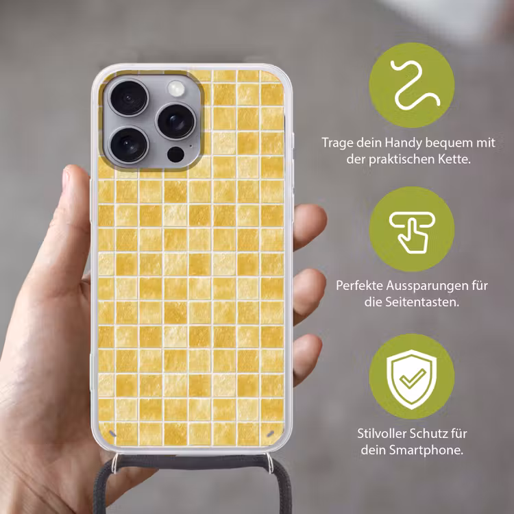 Tegels - Mozaïek - Textuur - Goudgeel Hoesje iPhone 16 Pro Max met koord klein 804 -sfeer2_DE