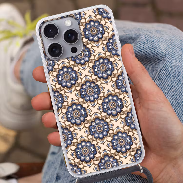 Floraal - Ornament - Blauw Hoesje iPhone 16 Pro Max met koord klein 804 -sfeer3