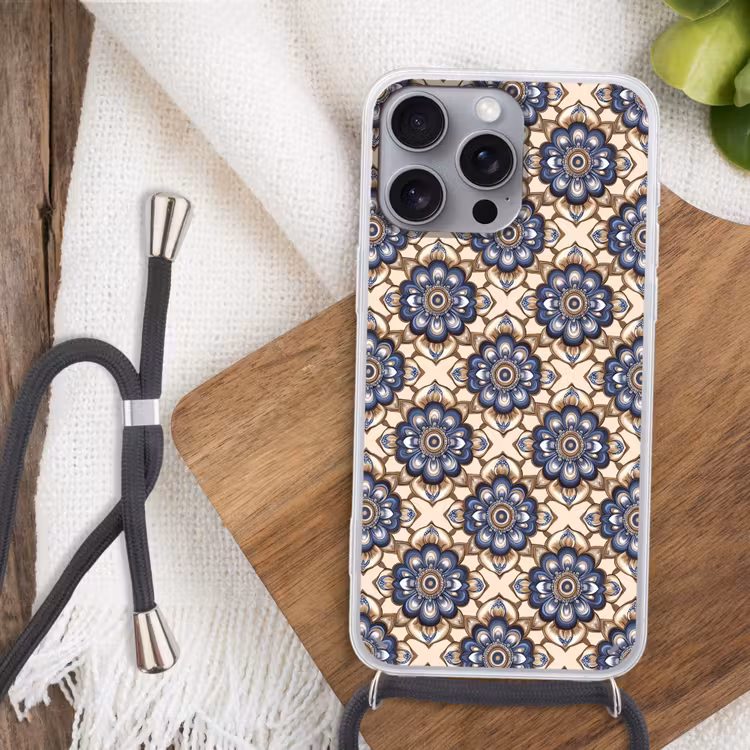 Floraal - Ornament - Blauw Hoesje iPhone 16 Pro Max met koord klein 804 -sfeer4