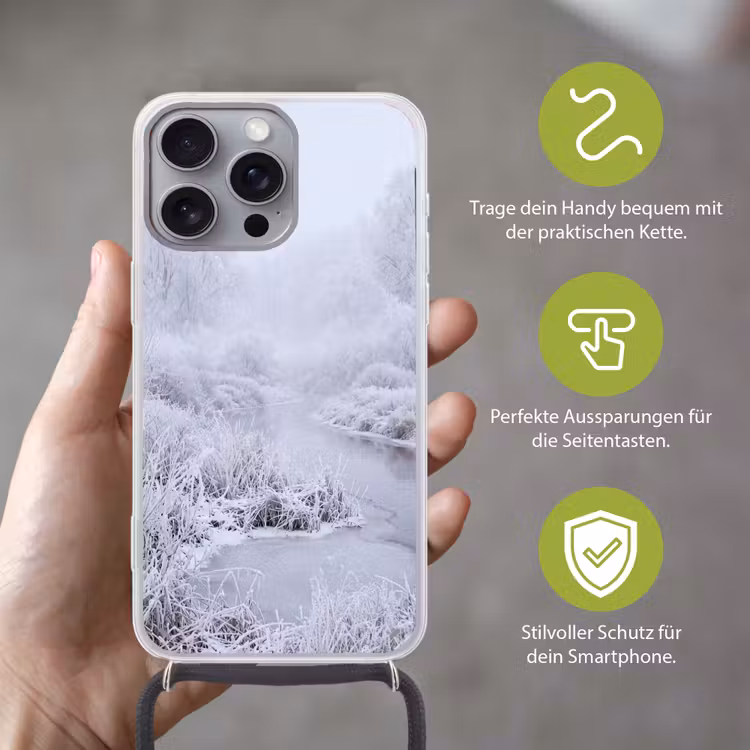 Rivier - Sneeuw - Bos - Winter - Schilderachtig Hoesje iPhone 16 Pro Max met koord klein -sfeer2_DE