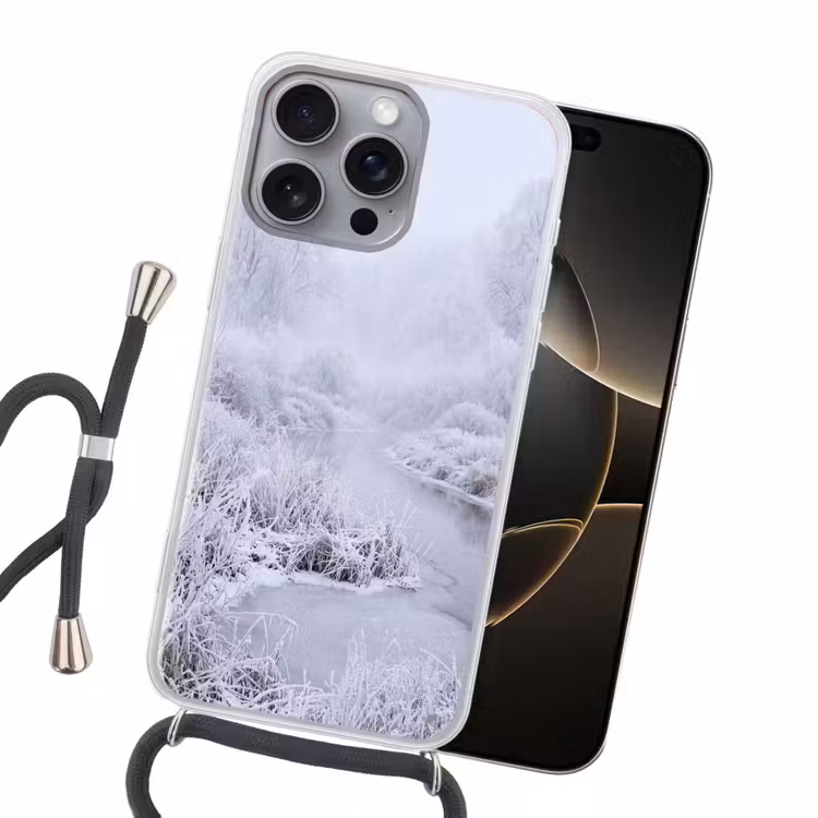 Rivier - Sneeuw - Bos - Winter - Schilderachtig Hoesje iPhone 16 Pro Max met koord klein -sfeer1