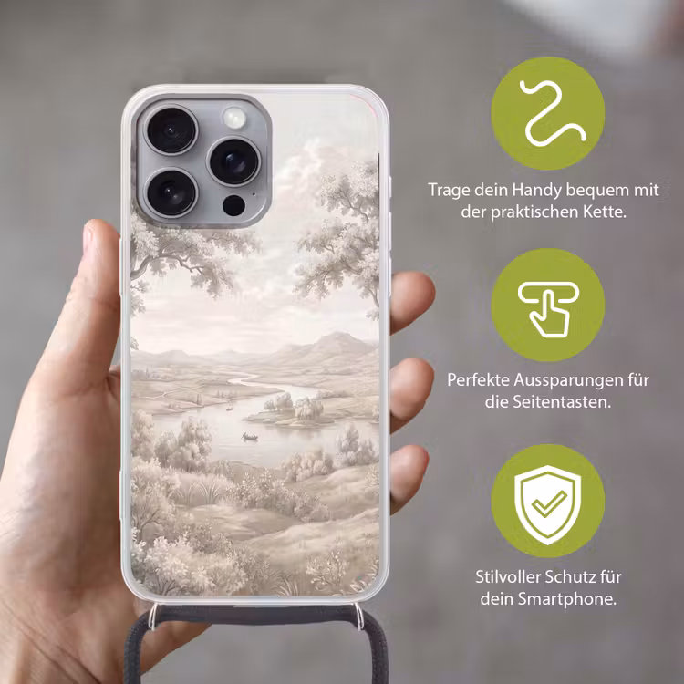 Rivierlandschap - Bergen - Natuur - Vintage - Beige Hoesje iPhone 16 Pro Max met koord klein -sfeer2_DE