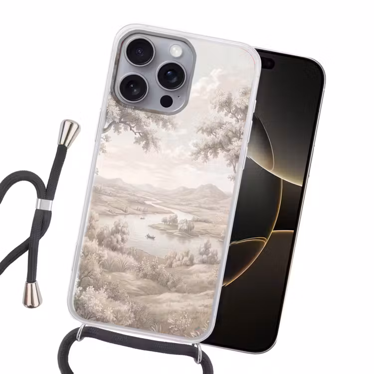 Rivierlandschap - Bergen - Natuur - Vintage - Beige Hoesje iPhone 16 Pro Max met koord klein -sfeer1