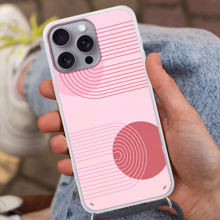 Vormen - Lijnen - Minimalistisch - Roze Hoesje iPhone 16 Pro Max met koord klein -sfeer3