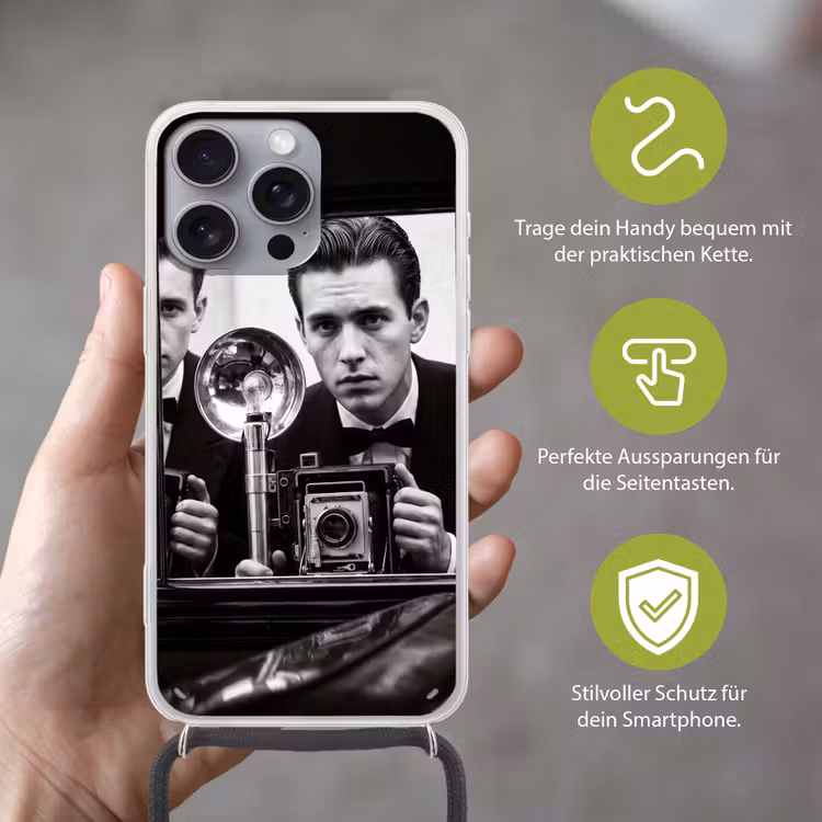 Fotograaf - Camera - Vintage - Journalistiek - Zwart-wit Hoesje iPhone 16 Pro Max met koord klein -sfeer2_DE