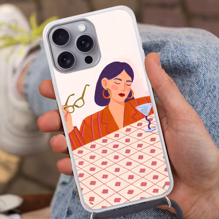 Vrouw - Bril - Cocktail - Illustratie - Modern Hoesje iPhone 16 Pro Max met koord klein -sfeer3