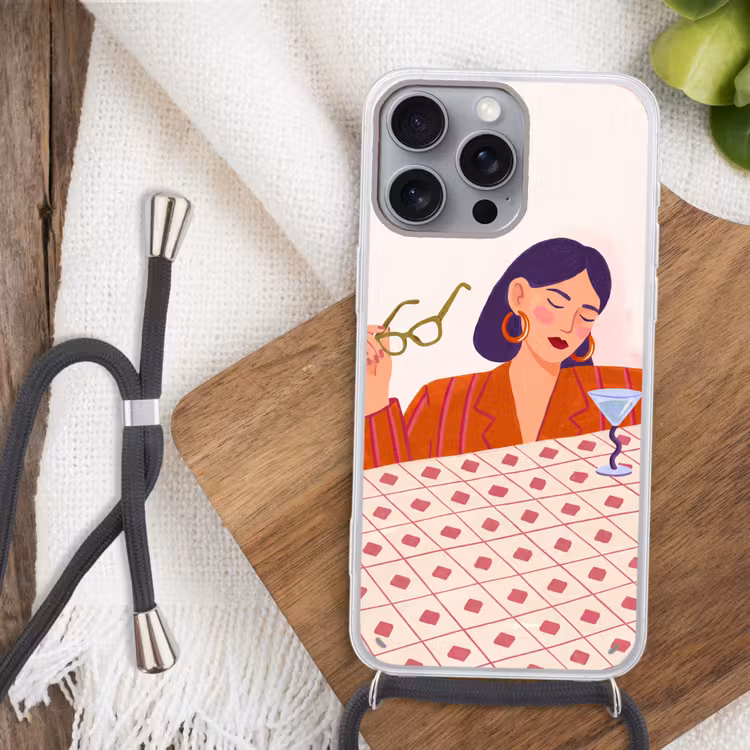 Vrouw - Bril - Cocktail - Illustratie - Modern Hoesje iPhone 16 Pro Max met koord klein -sfeer4