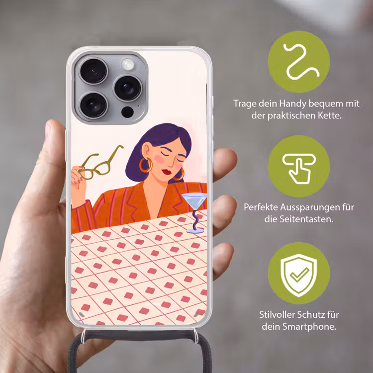 Vrouw - Bril - Cocktail - Illustratie - Modern Hoesje iPhone 16 Pro Max met koord klein -sfeer2_DE